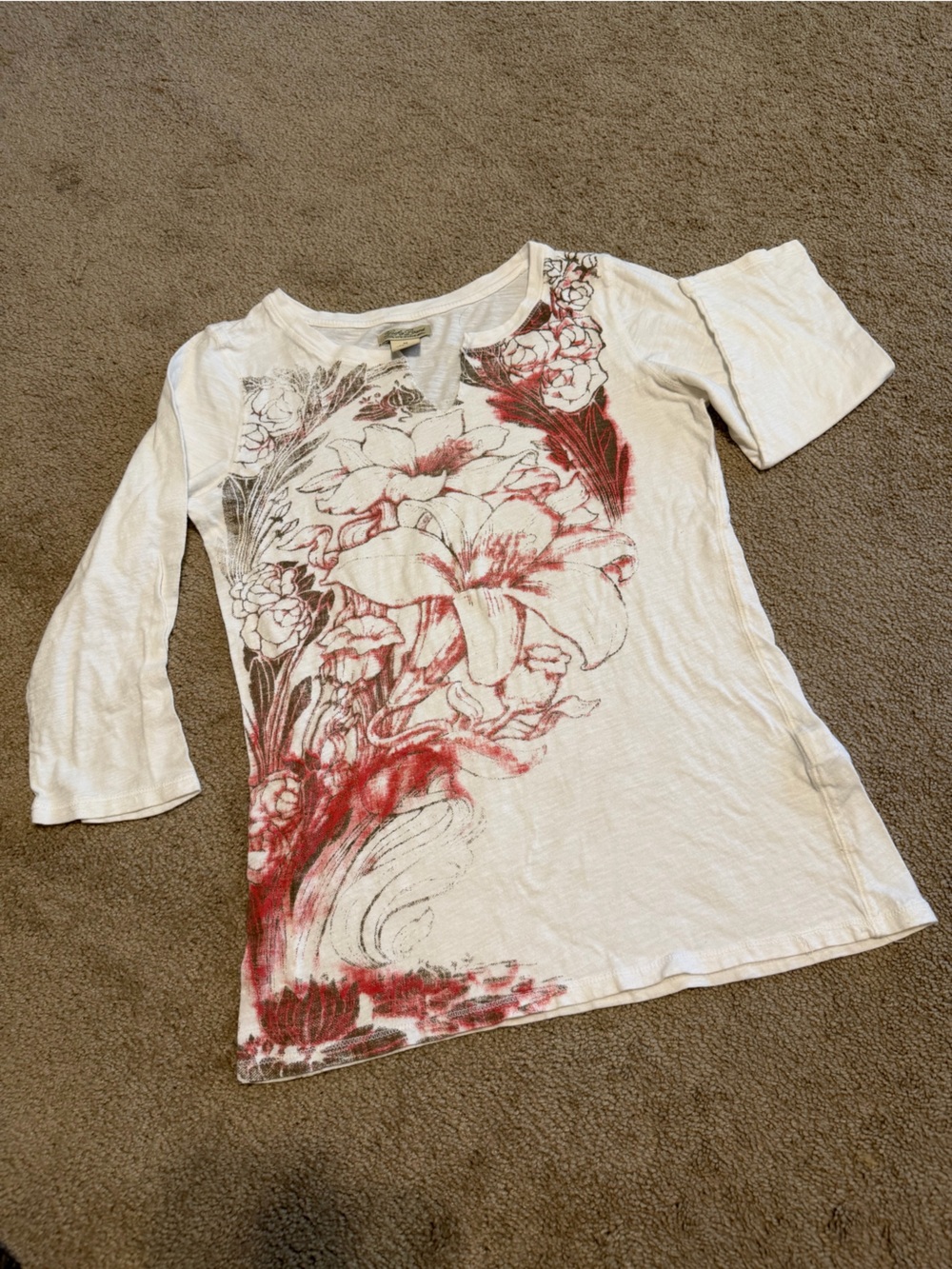 Lucky Brand Cream Long Sleeve Top with Red Floral Graphic